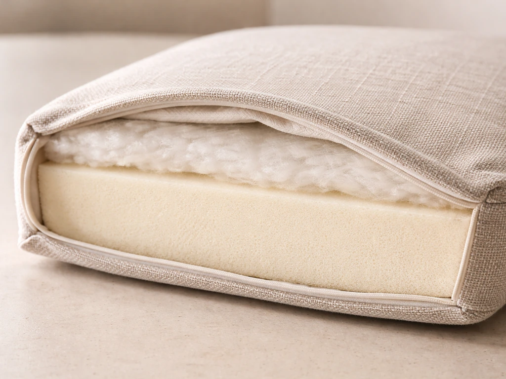 Tabletop close-up showing cushion layers: fabric shell, foam core, and soft batting in a clean cutaway.