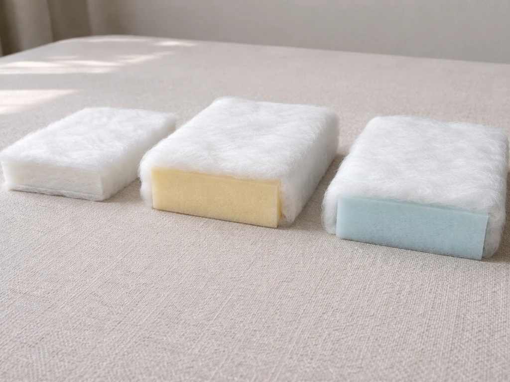 Three neatly cut cushion fill swatches showing different foam thickness and batting loft on a tabletop.