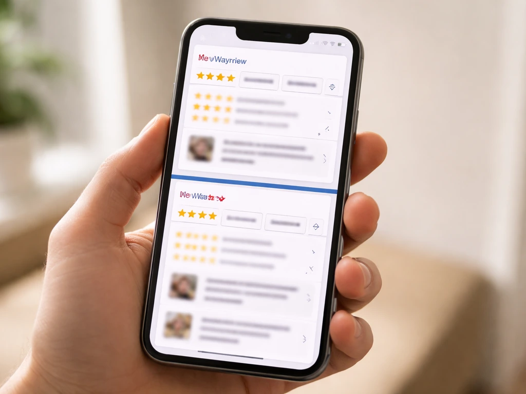 Minimal view of a smartphone showing two retailer review sections with filter controls visible.