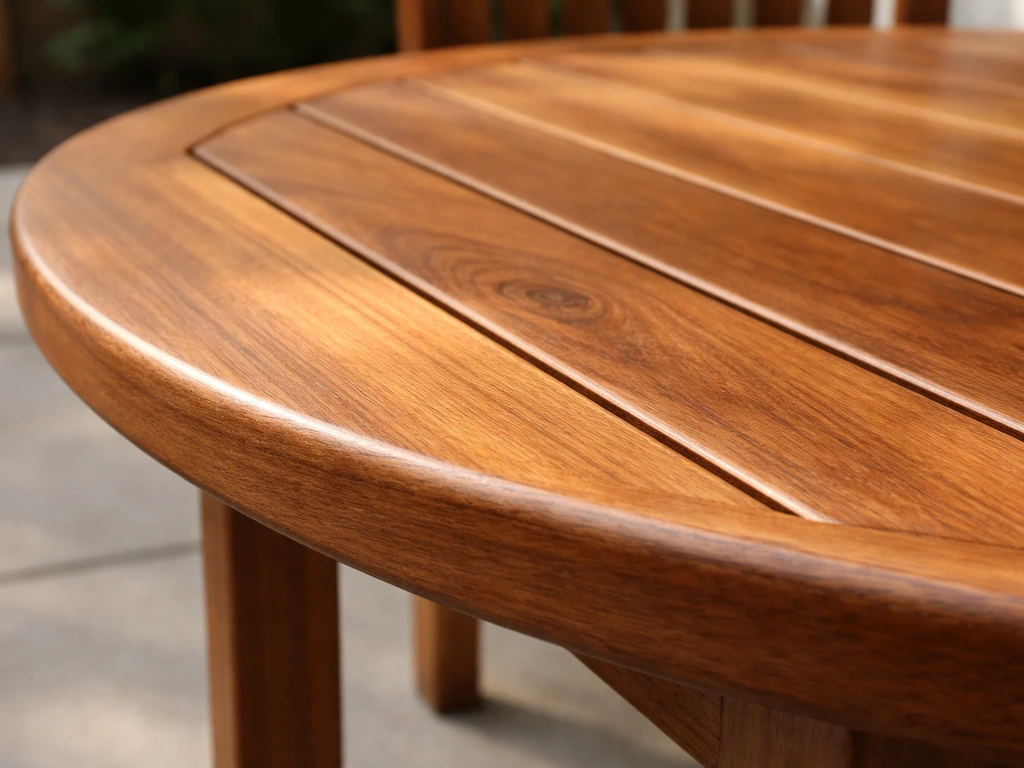 Close-up of an acacia wood outdoor dining tabletop edge showing rich grain and smooth finish.