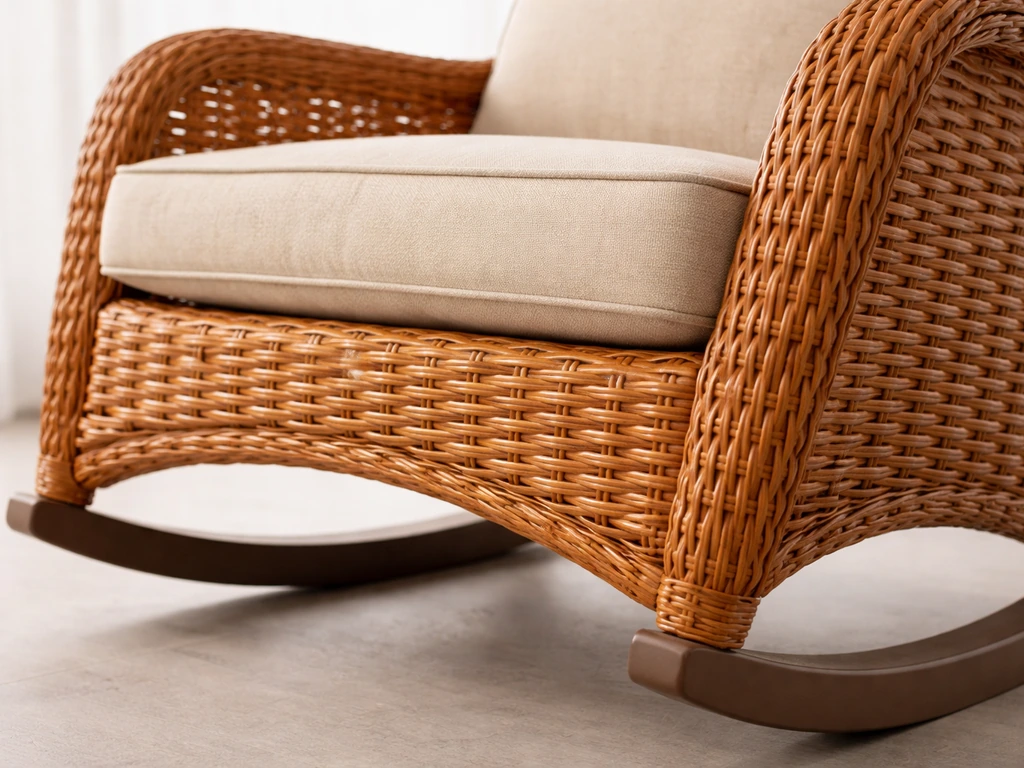 Close-up of an orange resin wicker rocking chair showing cushion thickness and frame construction.
