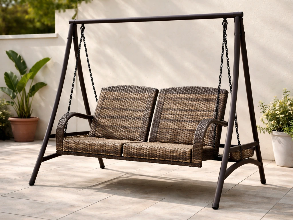 Agio Luna-style woven two-person patio swing on a quiet outdoor patio, showing the woven resin texture.