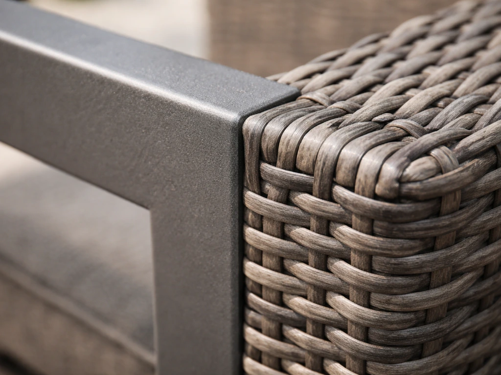 Close-up of a powder-coated aluminum/steel frame next to all-weather resin wicker for durability