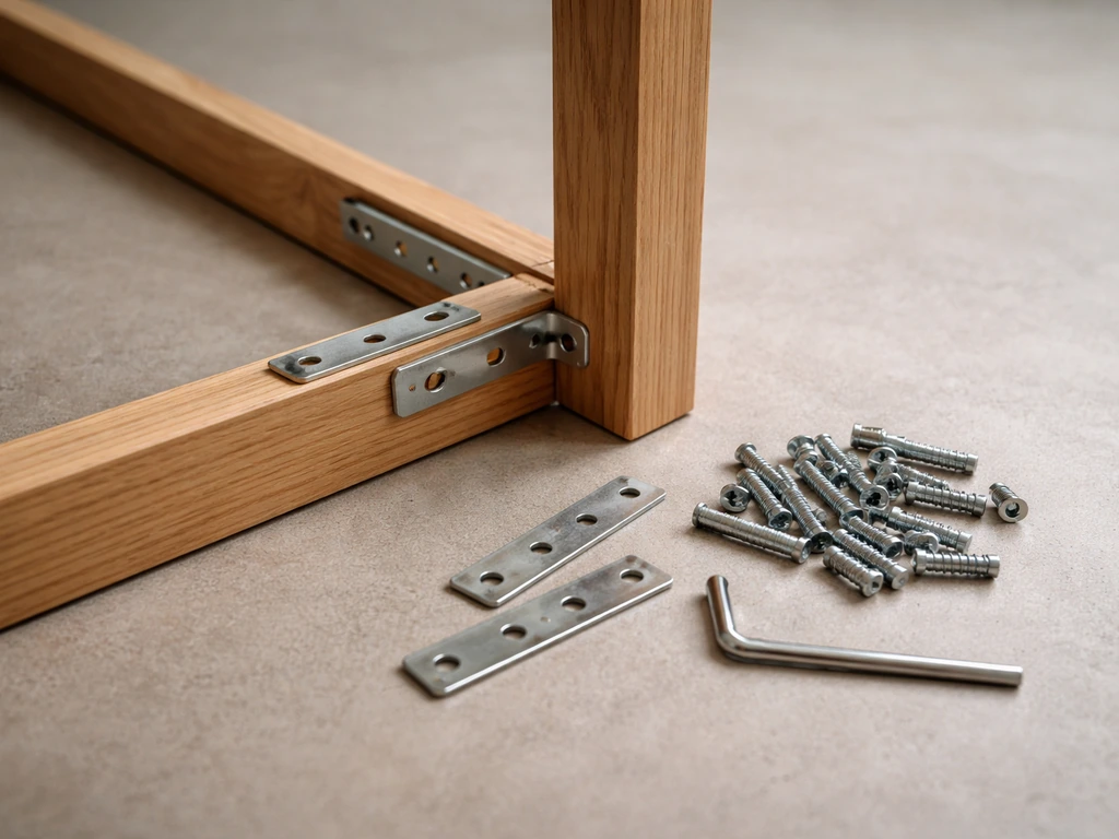 Close-up of furniture frame joints and hardware on the floor, suggesting confusing, difficult assembly.