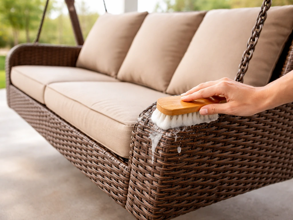 Hand using a soft brush to clean a resin wicker patio swing with mild soapy water.
