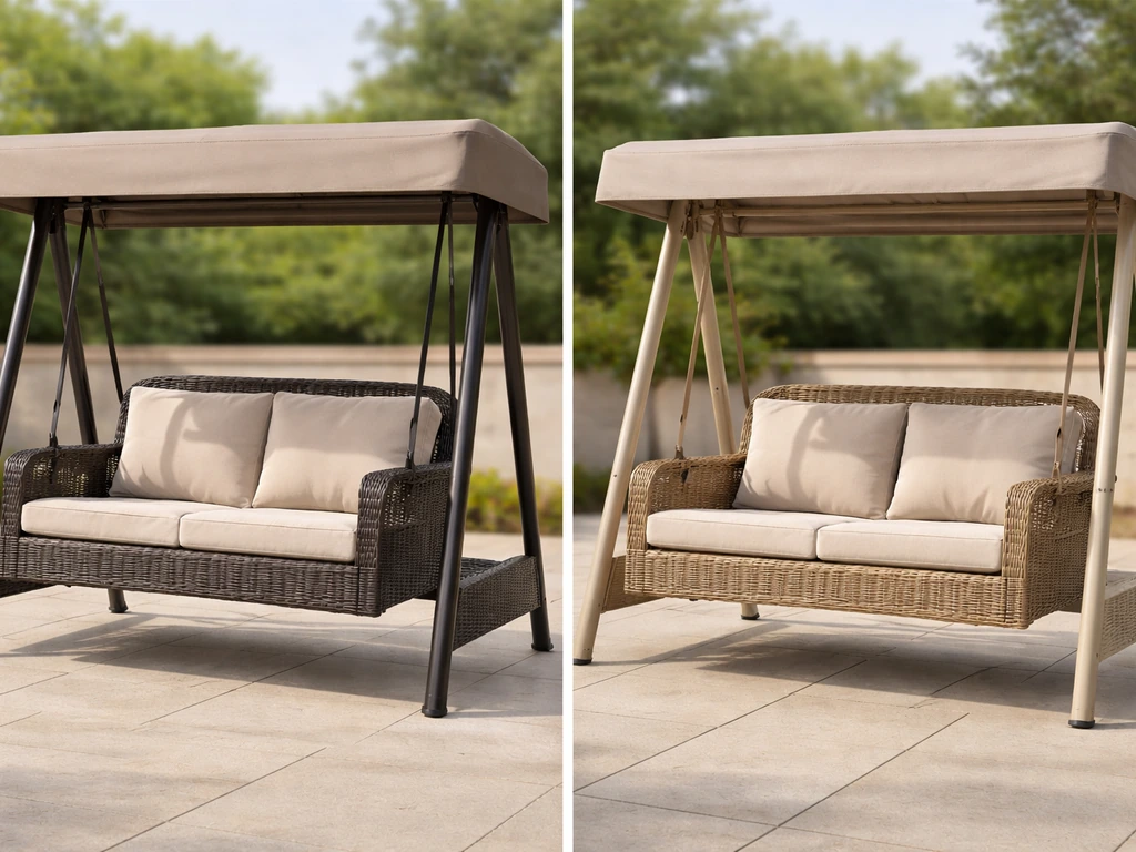 Two woven patio swings side-by-side, highlighting differences in wicker weave and canopy fabric.