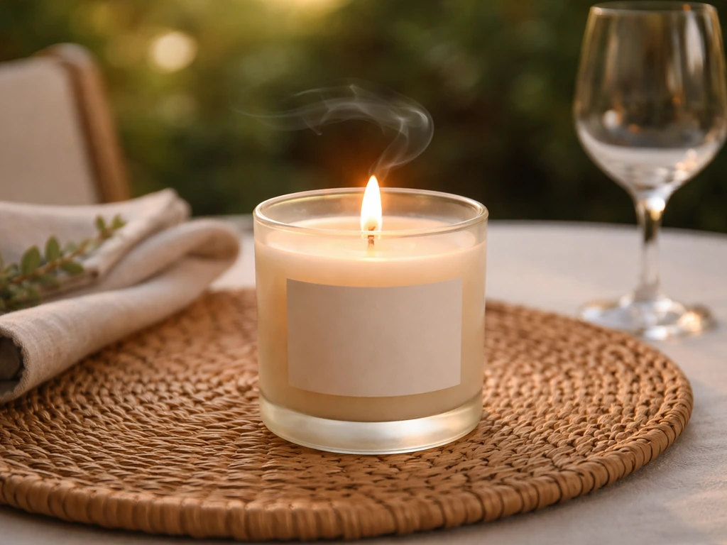 Lit citronella candle on an outdoor dining table with subtle faint haze, minimal patio setting.