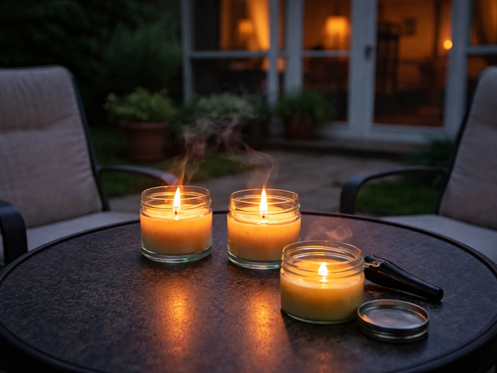 Outdoor patio table with two citronella candles and a subtle mosquito-repellent vibe, not showing mosquitoes.