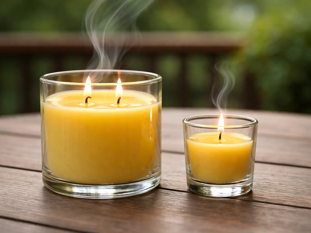 Large citronella jar candle and small votive side-by-side on a patio table, showing wider vapor plume.