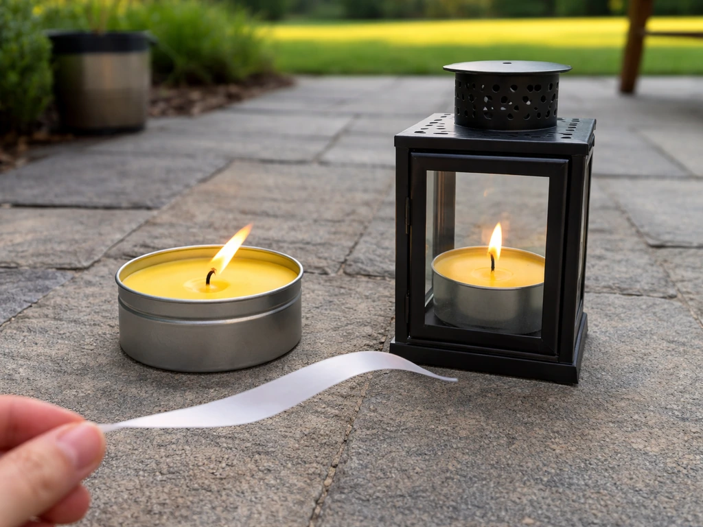Outdoors scene showing citronella candles in an open holder vs a lantern-style shelter, with ribbon indicating airflow