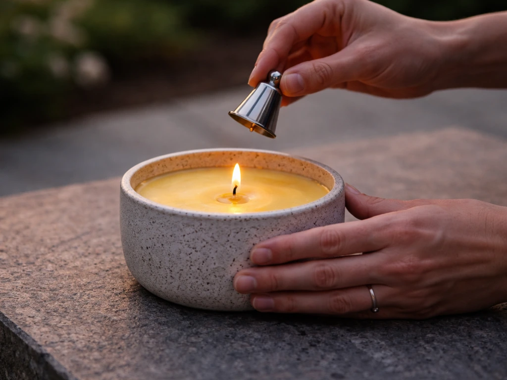 Hands centering a burning citronella candle on stone, with a metal snuffer ready to extinguish.
