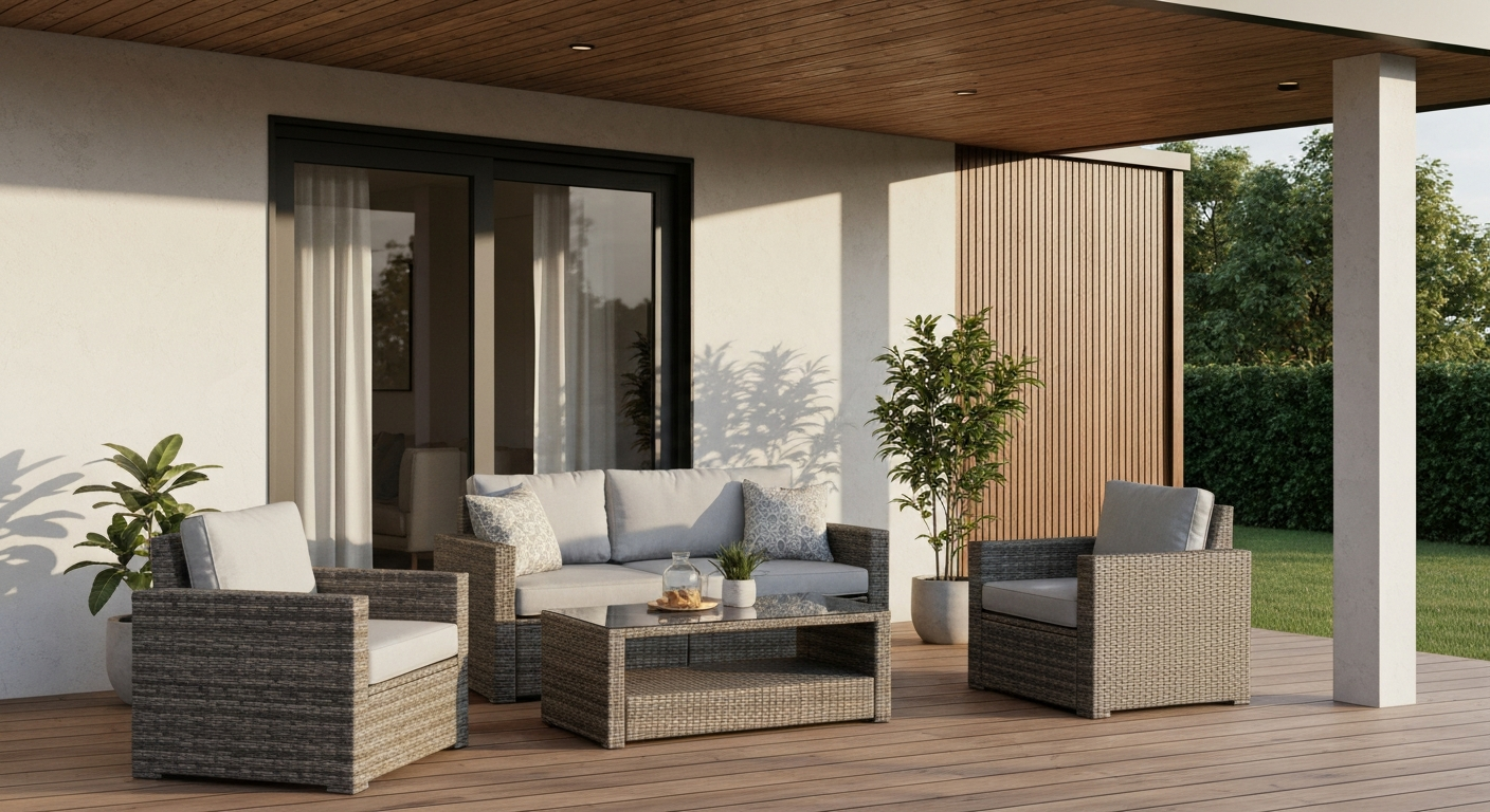 7-piece PE rattan patio conversation set on a covered modern patio with neutral cushions and morning light