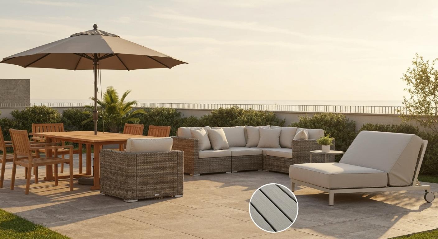 Editorial-style outdoor patio scene showing a dining table, modular sectional, chaise lounge, umbrella, and covered bench that highlights durable materials and weather-resistant finishes.
