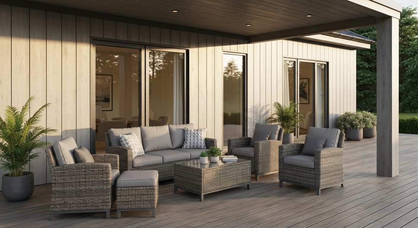 Covered patio with a Forest Home–style 5-piece PE wicker conversation set (sofa, two chairs, ottoman, coffee table) in gray cushions.