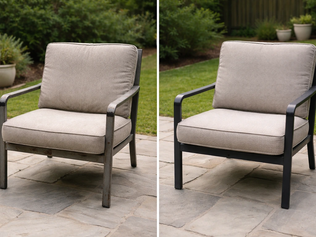 Patio chair with weathered finish beside a well-protected powder-coated chair in an outdoor yard.