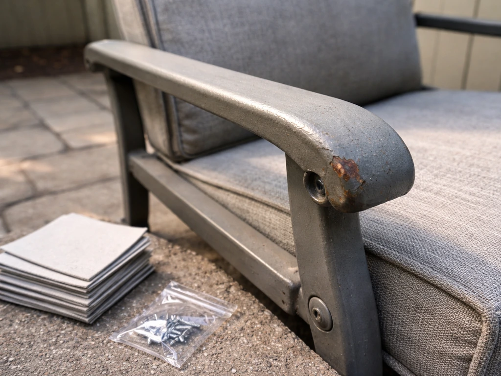 Close-up of a worn patio metal chair showing chipped paint, early rust, and a slightly loosened joint.