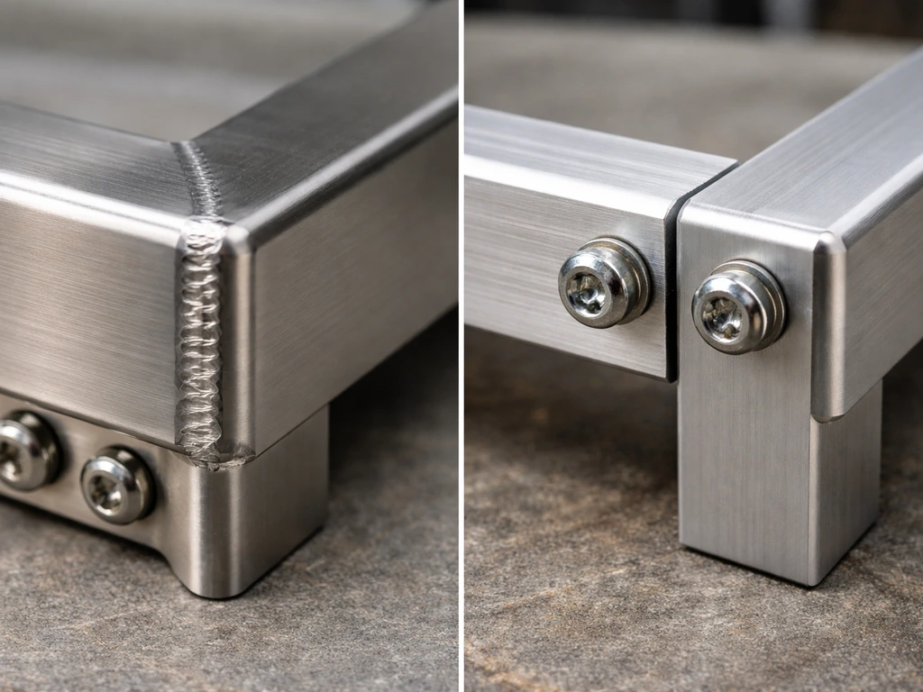 Close-up comparison of a fully welded stainless joint versus a weaker bolted joint on a workbench.