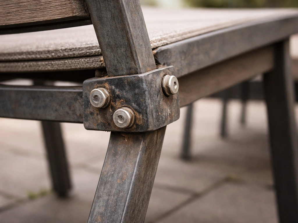 Close-up of a worn outdoor dining chair joint with visible hardware, showing wobble stress risk.