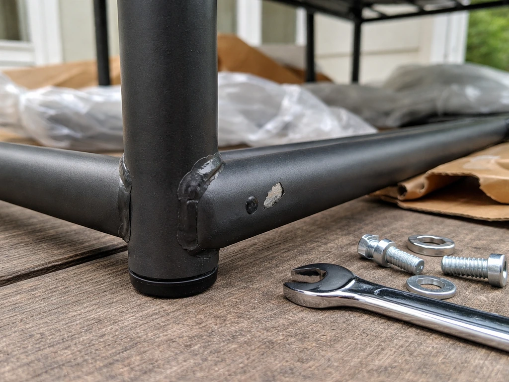 Close-up of newly assembled patio metal frame showing weld seams, chipped powder coat, and tight hardware