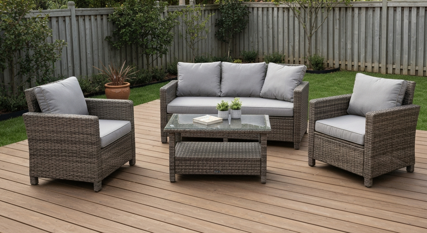 Mid-range resin-wicker 4-piece patio conversation set on a wooden deck with grey cushions and glass-top coffee table, showing realistic wicker, metal frame, and neat styling.