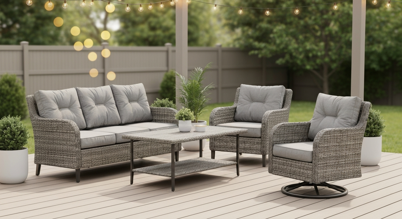 Styled patio scene with a 4-piece gray PE rattan conversation set and a matching gray swivel wicker chair on a wood deck, light-gray cushions, coffee table with lower shelf, planters in background.
