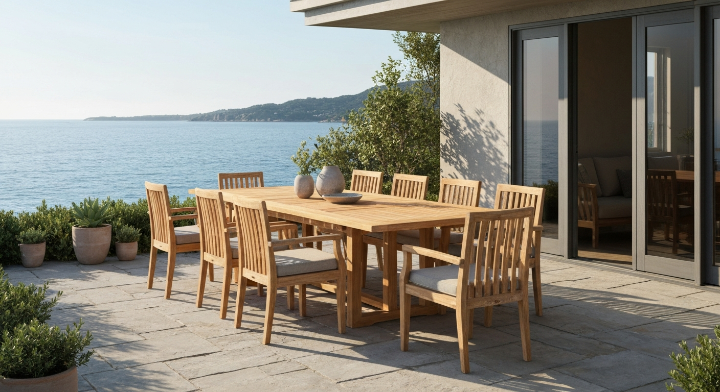 Premium teak dining set on a sunlit coastal terrace, warm golden wood and neutral cushions, editorial lifestyle shot.