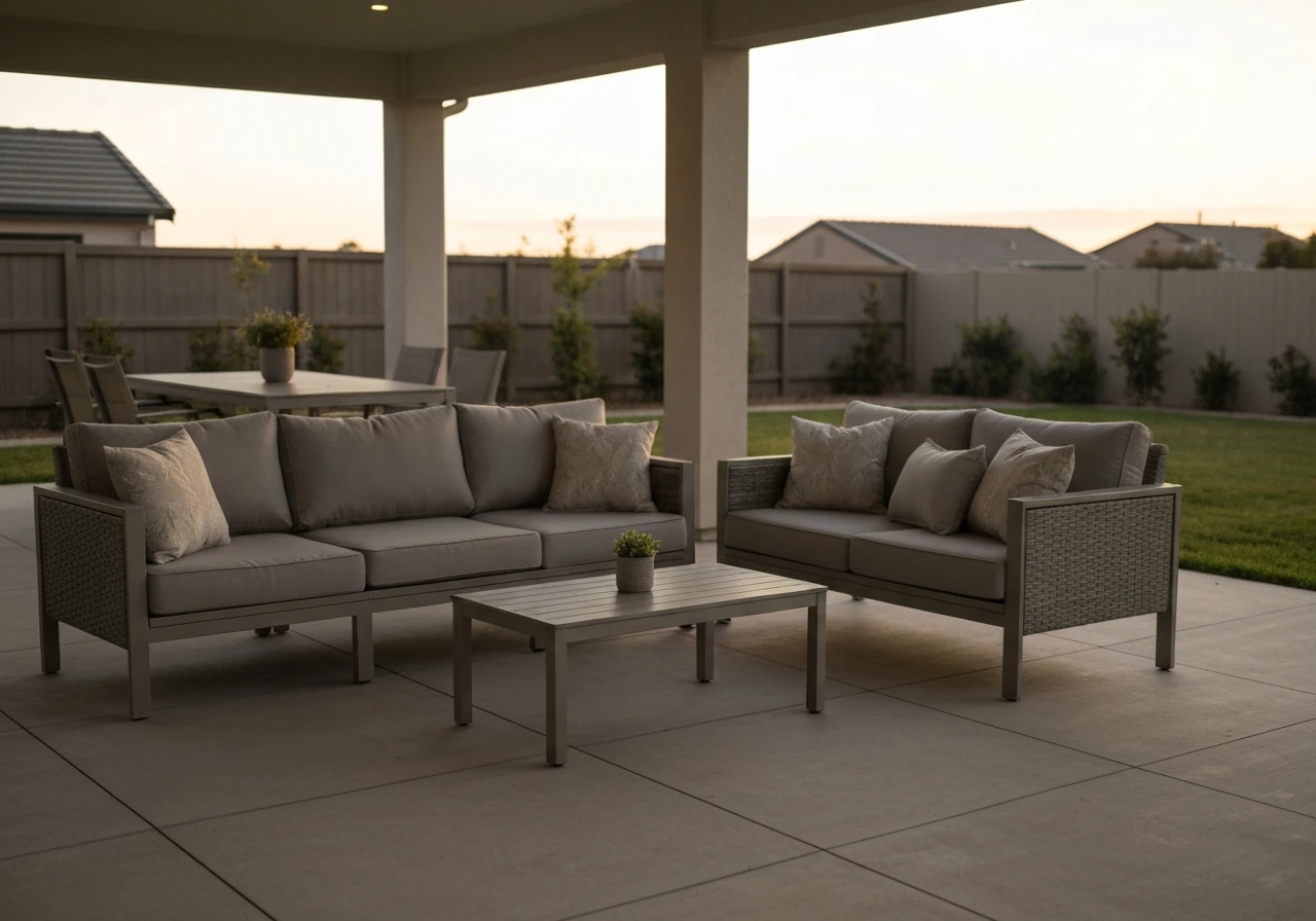 Minimal outdoor patio with matching sofa and dining set, neutral cushions, in warm natural light.