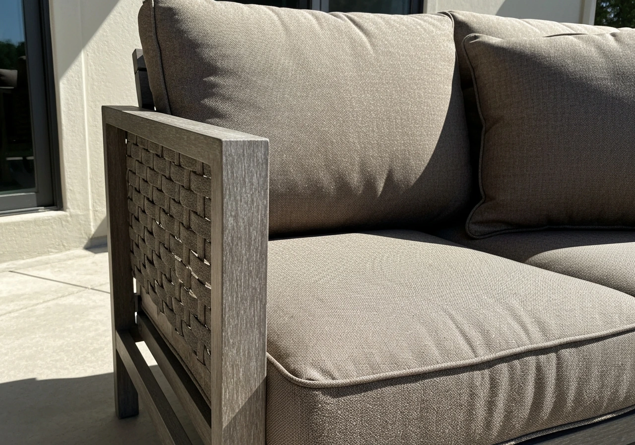 Close-up of thick outdoor conversation set cushions showing fabric texture and stitching