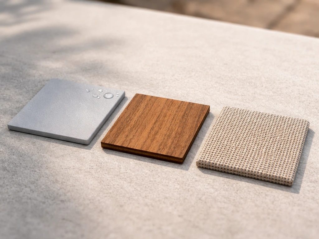 Close-up of three material swatches—powder-coated aluminum, teak wood, and woven fabric—on a tabletop.