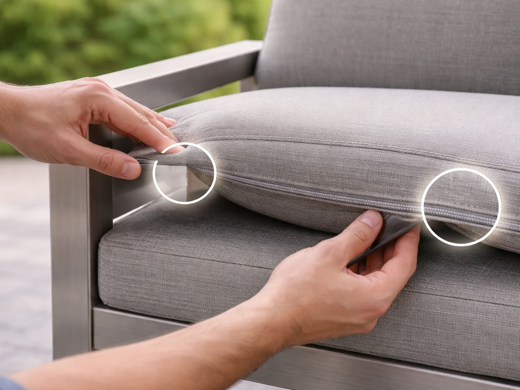 Hands inspecting outdoor patio furniture frame joint and cushion seams in natural light.