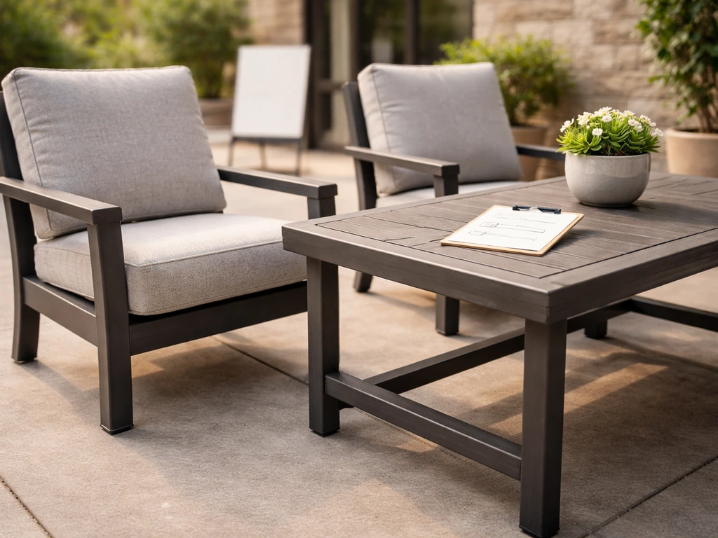 Durable patio furniture set with thick cushions and visible sturdy frames on an outdoor restaurant patio.