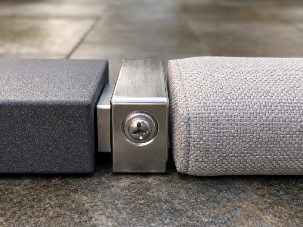 Close-up of side-by-side outdoor furniture materials: powder-coated aluminum, stainless hardware, and fabric cushion tex