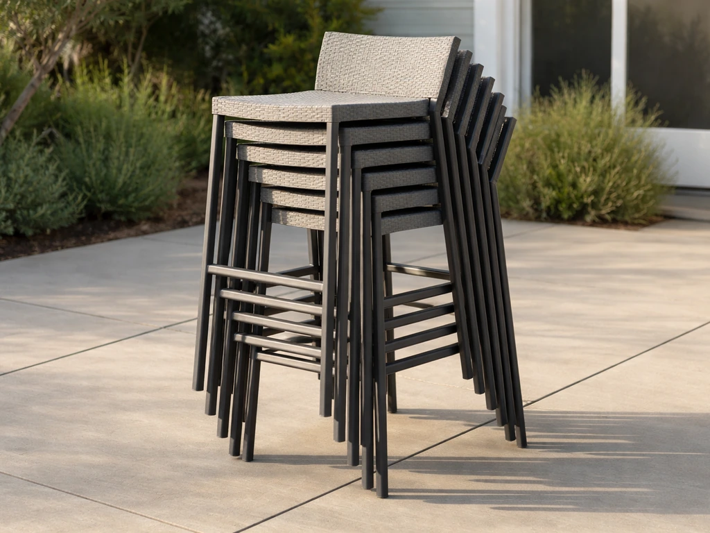 Restaurant patio chairs stacked neatly with stable alignment and visible stack height