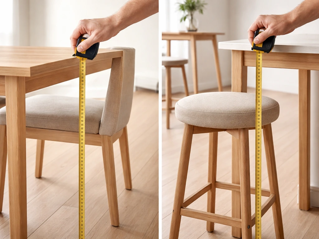 Hands measuring chair and stool heights next to a table with clear spacing in a simple room