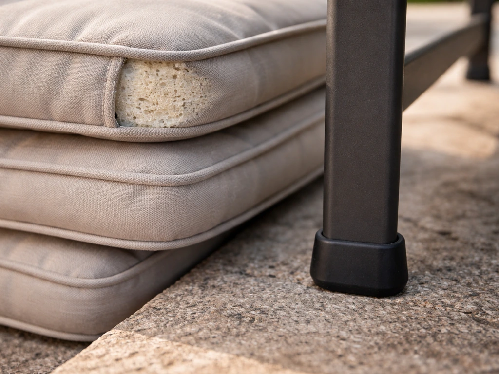 Close-up of outdoor commercial cushions with quick-dry foam and a slip-resistant rubber foot cap on patio surface.