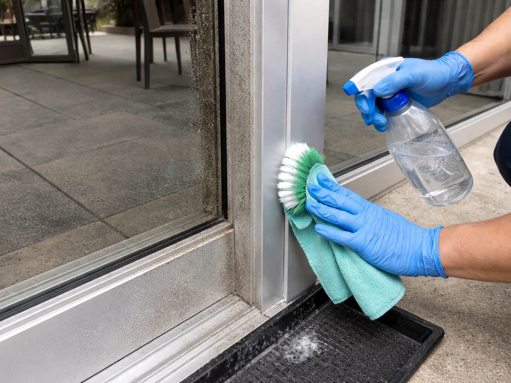 Anonymous hands spray and scrub an aluminum frame, showing dirty buildup vs freshly cleaned area.