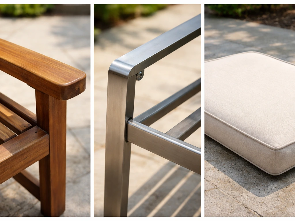 Close-up collage of a refinished wood chair, rust-free metal frame, and newly cleaned cushion outdoors.