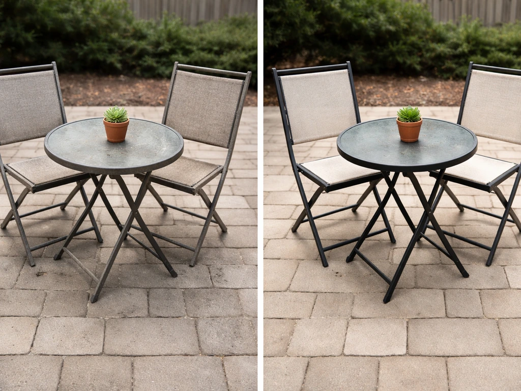 Before-and-after of a patio side table and two chairs: gray weathered left, cleaned refinished right.