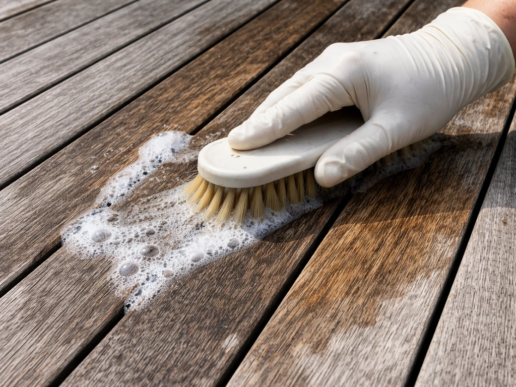 Close-up of a gloved hand scrubbing gray weathered teak wood, lifting oxidation to reveal grain.