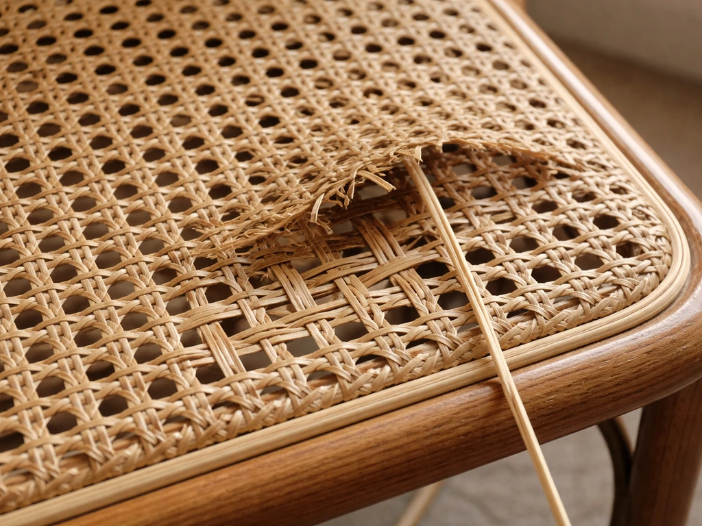 Close-up of a damaged natural wicker chair seat being repaired with lifted weave and new rattan strand