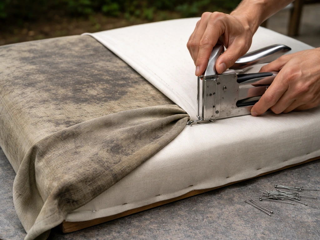 Hands stretch and staple new fabric onto an outdoor cushion frame, with mildew-dark fabric visible.