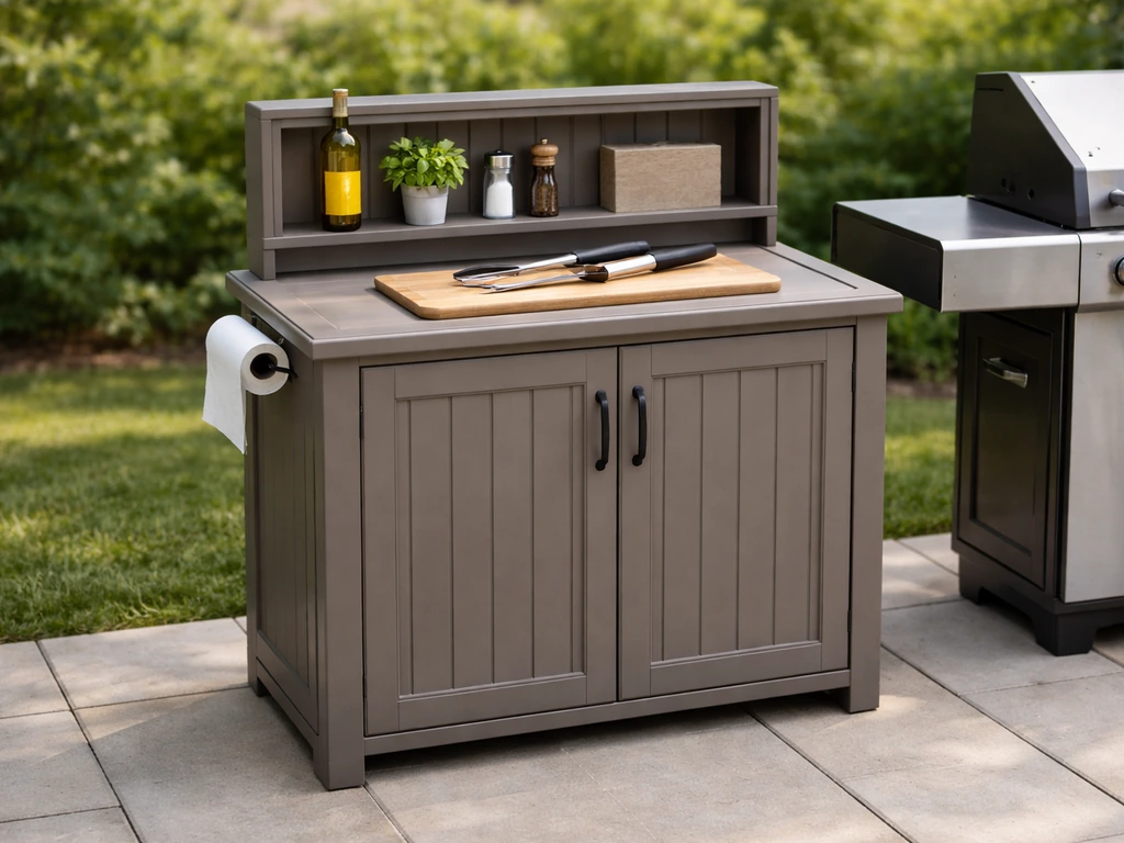 Outdoor resin patio prep station with storage cabinet beside a grill, accessories neatly arranged, no people.