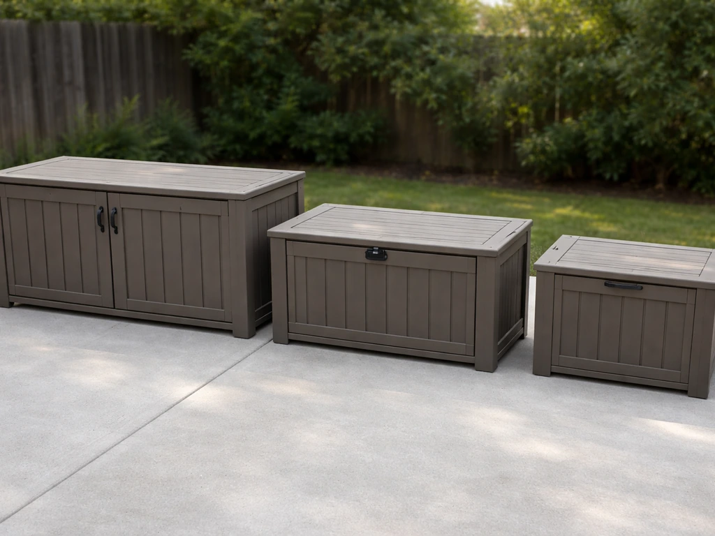 Three anonymous outdoor prep stations side-by-side, showing different sizes and lid configurations.