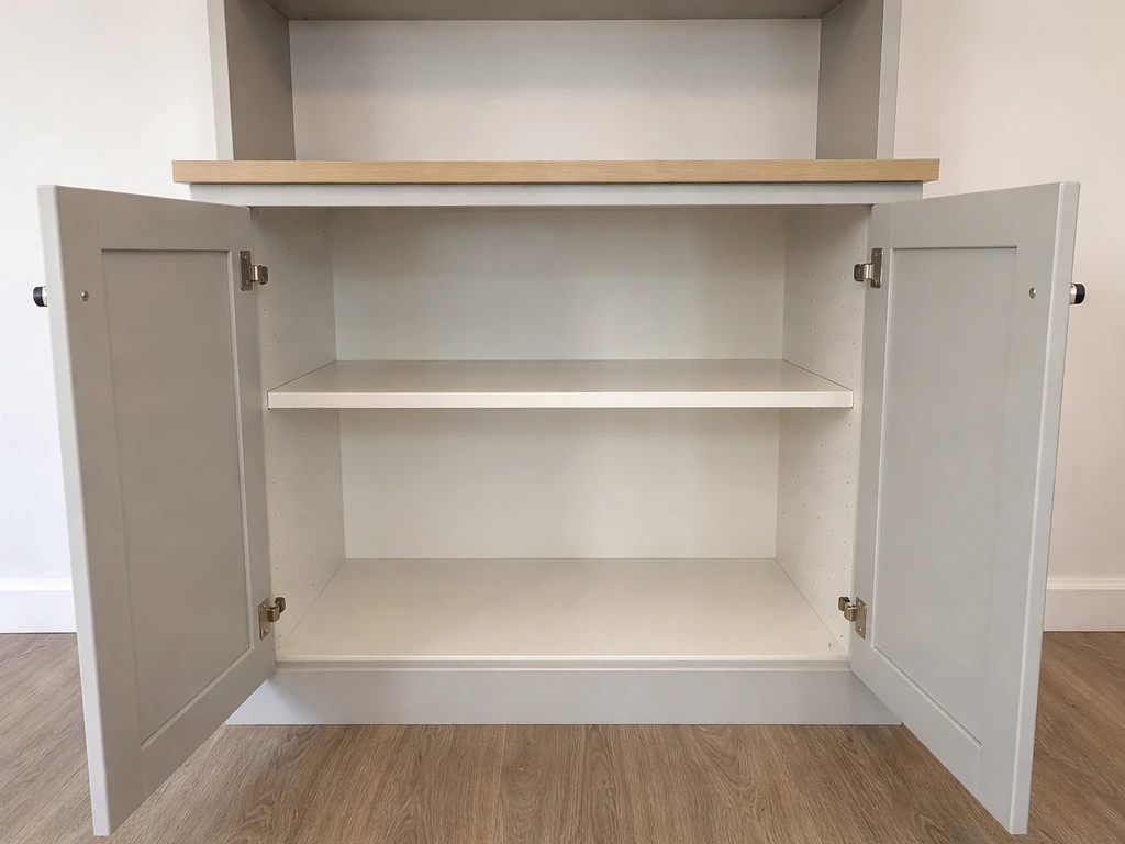 Open storage cabinet interior showing adjustable shelf and spacious hutch-style prep area.