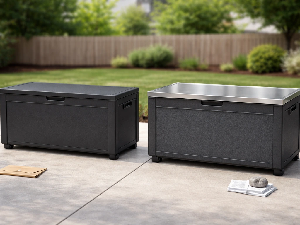 Two unlabeled outdoor storage boxes side by side, one with a stainless top, in natural light.