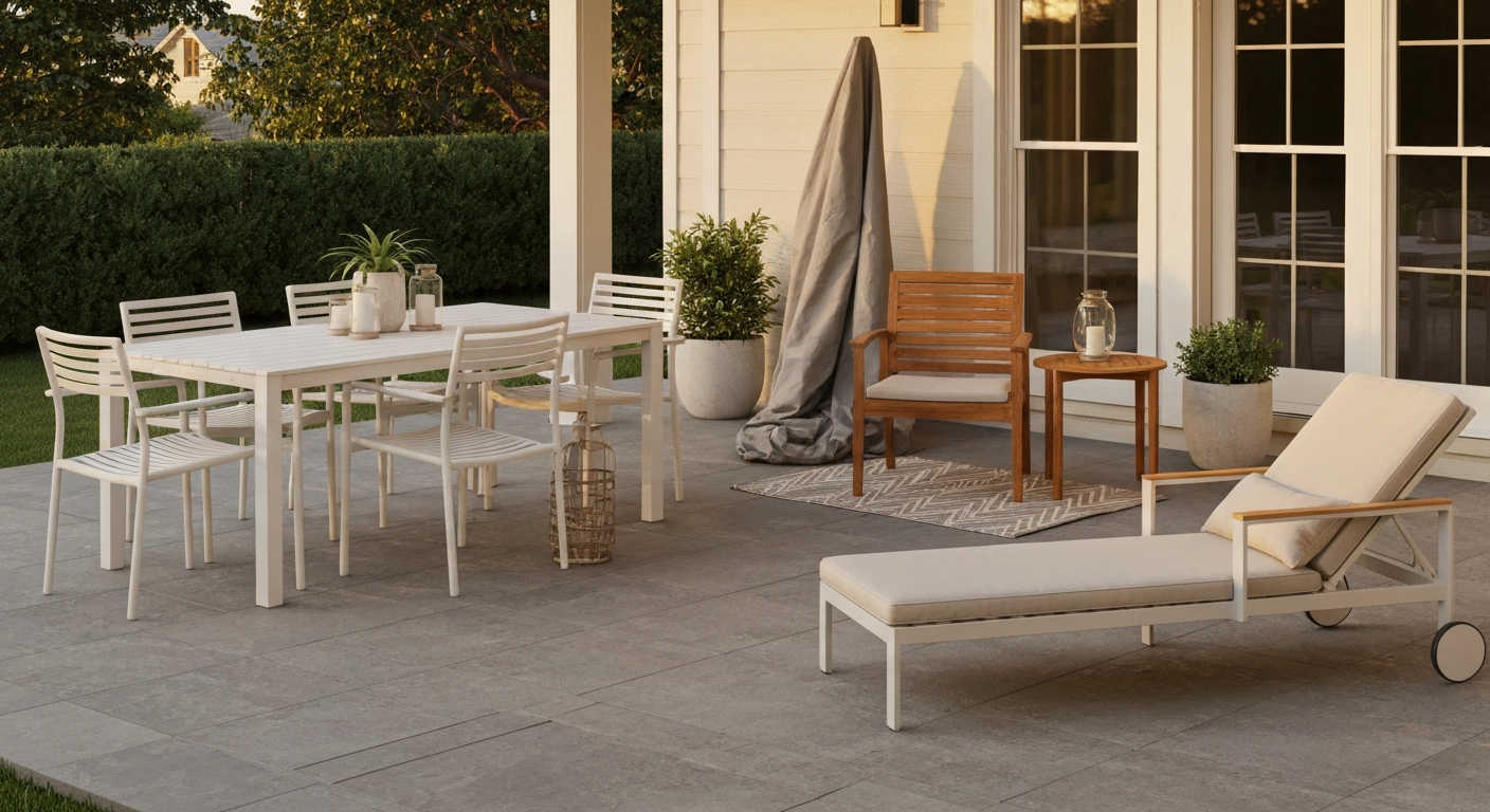 Well-styled patio showing HDPE dining set, teak accent chair, and powder-coated aluminum lounge in daylight.