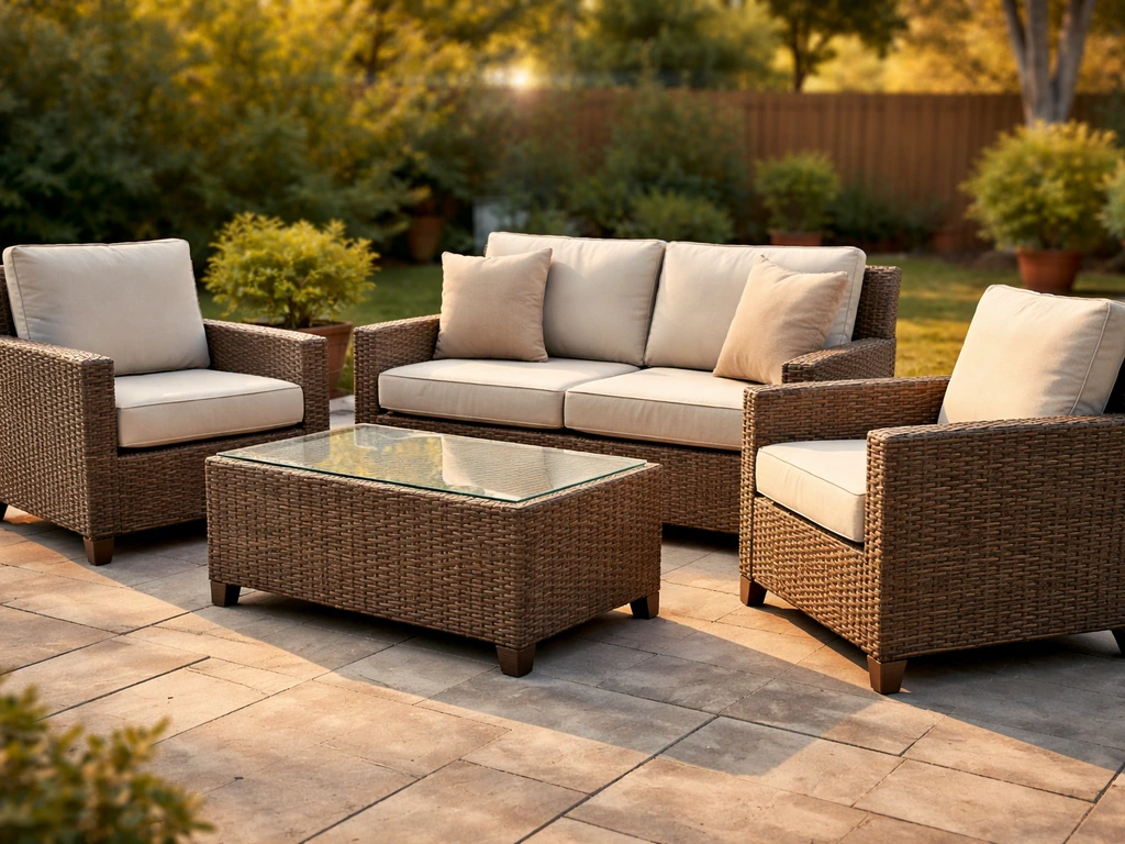 Wicker patio furniture with cushions on a real patio in warm natural light for buyer guide hook