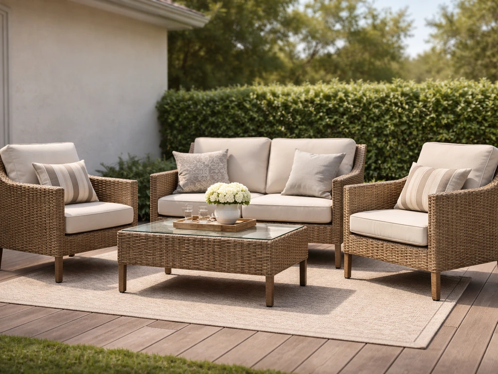 Close-up of an outdoor patio seating set with beige cushions on a simple deck near a suburban home