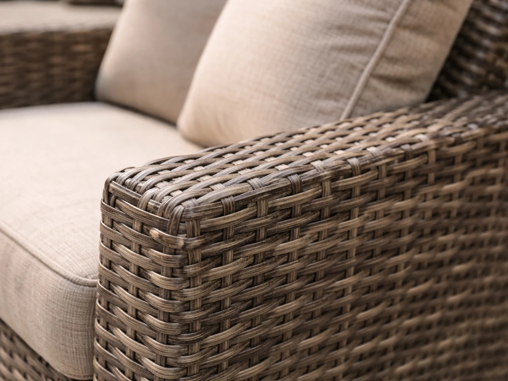 Close-up of tightly woven PE resin wicker with neutral cushions in soft outdoor light