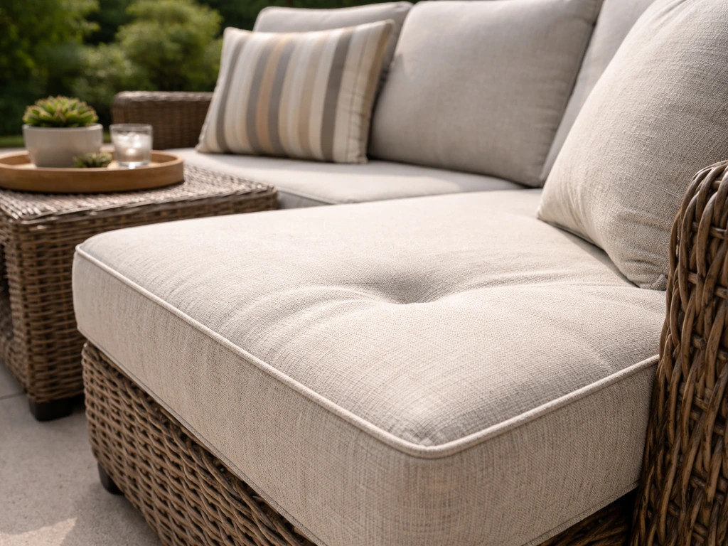 Thick foam-filled outdoor cushion with visible sink-in depression on a Palm Harbor-style patio bench